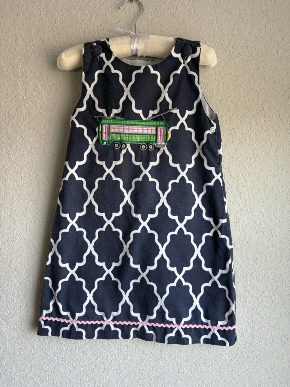 Navy and White Trellis Girls Dress with Green Bus Applique